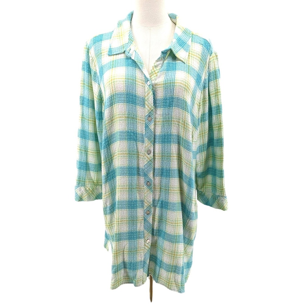 Susan Graver Plaid Tunic Shirt Rayon Button Front Pockets Blue Green Plus 1X